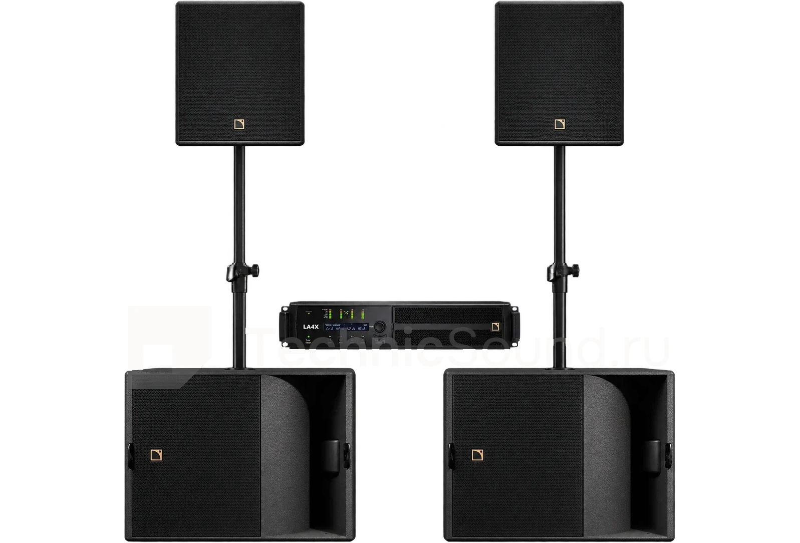 Аренда комплекта L-Acoustics X12 + KS21: две колонки X12 на стойках над сабвуферами KS21 и усилитель LA4X